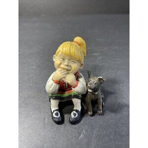 Candy Design Girl with Dog Figurine w/ Sticker Flaw-see Description